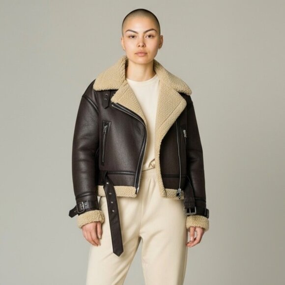 Zara Womens L Crop Jacket Faux Leather Shearling Fur Cuff Aviator Bomber NWOT - Picture 1 of 10